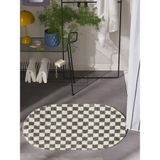 Dama Desenli Kaymaz Taban Yıkanabilir Oval Banyo Paspası Tek Parça 60X100 cm Shaggy Chess - Füme