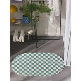 Dama Desenli Kaymaz Taban Yıkanabilir Oval Banyo Paspası Tek Parça 60X100 cm Shaggy Chess - Turkuaz