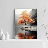 DAMAIART Sonbahar Peyzaj Poster ve Folyolar: Tuval Üzerine Resim, Kırmızı Ağaçlı ve Sisli Ormanlı Oturma Odası Dekorasyonu için (30 x 50 cm