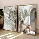 DAMAIART Zeytin Ağacı Gölgesi Vazo Kanvas Duvar Sanatı Poster Baskı, Akdeniz Nötr Duvar Bitkisi Peyzaj Duvar Resmi Sanat Eseri (60x90 cm x 2/Çerçevesiz)