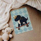 Damalı Kaykaycı Dinozor Çocuk Odası Duvar Posteri Çerçeveli Tablo Duvar Dekorasyonu - 30 x 40 - Çerçevesiz Poster