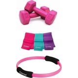 Dambıl 2x1 Kg, Pilates Çemberi 38 Cm, 3'lü Pilates Bandı 90X7,5 Cm, Fuşya - Çok Renkli - Standart