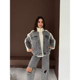 DAME Kadın Siyah Jean Garnili Fermuarlı Kuzu Peluş Mont - XL - 001-Beyaz