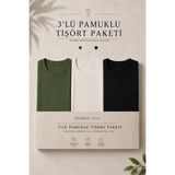 Damga 3 Adet Erkek Günlük Yazlık Bol Basic Kısa Kollu Tişört - Siyah - Haki - Krem - 3XL
