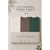 Damga 3 Adet Erkek Günlük Yazlık Bol Basic Kısa Kollu Tişört - Yeşil - Krem - Kahverengi - 4XL