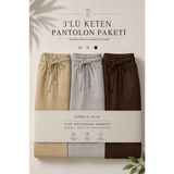 Damga 3 Adet Erkek Premium Yazlık Jogger Keten Pantolon - Camel - S