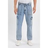 Damga Beli Kemerli Rahat Kalıp Denim Taş Yıkamalı Kot Kargo Cep Pantolon Buz Mavi - 30