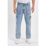 Damga Beli Kemerli Rahat Kalıp Denim Taş Yıkamalı Kot Kargo Cep Pantolon Buz Mavi - 32