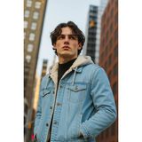 Damga Buz Mavi Erkek Kapşonlu Kürklü Denim Mont Oversize Kesim Kalın Tasarım - 2XL