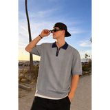 Damga Erkek Çizgili Fermuarlı Gri Polo Yaka T Shirt - 2XL