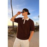Damga Erkek Çizgili Fermuarlı Kahve Polo Yaka T Shirt
