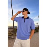 Damga Erkek Çizgili Fermuarlı Mavi Polo Yaka T Shirt - XL