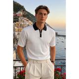 Damga Erkek Fermuarlı Çizgili Triko Beyaz Polo Yaka T Shirt