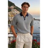 Damga Erkek Fermuarlı Çizgili Triko Gri Polo Yaka T Shirt - 2XL