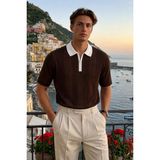 Damga Erkek Fermuarlı Çizgili Triko Kahve Polo Yaka T Shirt - 2XL