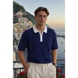 Damga Erkek Fermuarlı Çizgili Triko Lacivert Polo Yaka T Shirt - XL