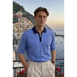 Damga Erkek Fermuarlı Çizgili Triko Mavi Polo Yaka T Shirt - XL