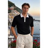 Damga Erkek Fermuarlı Çizgili Triko Siyah Polo Yaka T Shirt - XL