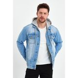 Damga Erkek Klasik Şehirli Tarzda Denim Günlük Kullanım Için Kapşonlu Kot Ceket Açık Mavi - 2XL