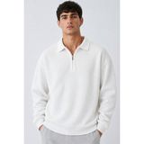 Damga Erkek Oversize Fitilli Fermuar Yaka Beyaz Kazak - 2XL