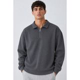 Damga Erkek Oversize Fitilli Fermuar Yaka Füme Kazak - 2XL