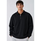 Damga Erkek Oversize Fitilli Fermuar Yaka Siyah Kazak - 2XL