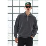 Damga Erkek Polo Yaka Yarım Fermuarlı Bol Füme Kazak - XL