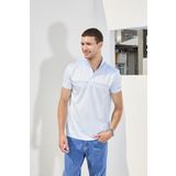 DAMGA JEANS Erkek Çizgili Bol Mavi Keten Polo Yakalı Tişört