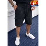 DAMGA JEANS Erkek Günlük Trend Bol Kargo Cepli Siyah Keten Şort