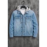 DAMGA JEANS Erkek Kapşonlu Mevsimlik Buz Mavi Bol Kot Mont