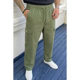 DAMGA JEANS Erkek Kargo Cepli Haki Bol Keten Pantolon