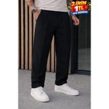 DAMGA JEANS Erkek Relax Fit Yüksek Bel Pileli Siyah Kumaş Pantolon