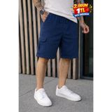 DAMGA JEANS Erkek Trend Düşük Bel Kargo Cepli Bol Lacivert Keten Şort