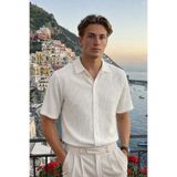 DAMGA JEANS Erkek Trend Polo Yaka Oversize Beyaz Keten Gömlek