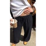 DAMGA JEANS Kadın Beli Lastikli Dokulu Siyah Palazzo Keten Pantolon