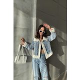 DAMGA JEANS Kadın Oversize Kışlık Peluş Desenli Cepli Mavi Kot Ceket