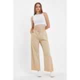 DAMGA JEANS Kadın Palazzo Yazlık Beli Lastikli Pamuklu Bol Paça Krem Baggy Pantolon
