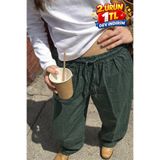 DAMGA JEANS Kadın Relax Fit Yazlık Salaş K.Haki Keten Pantolon