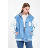 Damga Kadın Jeancomfort Oversize Pamuklu Kapşonlu Kot Kolej Ceket Buz Mavi - XL