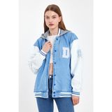 Damga Kadın Jeancomfort Oversize Pamuklu Kapşonlu Kot Kolej Ceket Buz Mavi