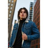 Damga Mavi Denim Kapşonlu Kürklü Kışlık Mont Erkek Oversize Kalın Tasarım - 2XL
