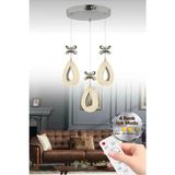 Damla Model 3'lü Gümüş Kumandalı 3 Renk Modu Ledli Kristal Taşlı Modern Salon Mutfak Oturma Odası LED Avize
