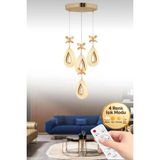 Damla Model 4'lü Gold Kumandalı 3 Renk Modu Ledli Kristal Taşlı Modern Salon Mutfak Oturma Odası LED Avize - Altın