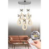 Damla Model 6'lı Gümüş Kumandalı 3 Renk Modu Ledli Kristal Taşlı Modern Salon Mutfak Oturma Odası LED Avize