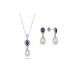 Damla Safir Doğal İnci Sallantı Küpe Kolye İkili Set (Beyaz)