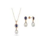 Damla Safir Doğal İnci Sallantı Küpe Kolye İkili Set (Rose)