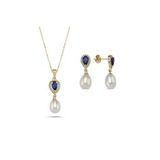 Damla Safir Doğal İnci Sallantı Küpe Kolye İkili Set (Sarı)