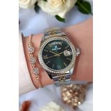 Daniel Klein 33 mm Jübile Bilezik Altın/Metalik Yeşil Kadran Takvimli Kadın Kol Saati, Taşlı Bileklik Hediyeli