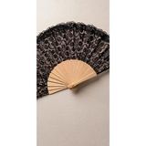 Dantel Detaylı Bambu Katlanır El Yelpazesi, Siyah, 43 x 23 Cm, Çiçek Desenli - Çok Renkli