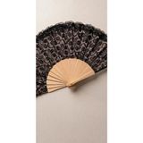 Dantel Detaylı Bambu Katlanır El Yelpazesi, Siyah, 43 x 23 cm, Çiçek Desenli